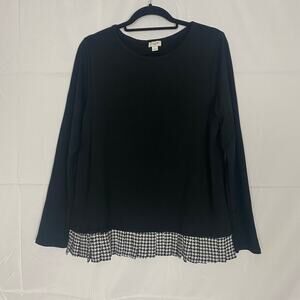 J.Crew Women's Black Long Sleeve Top with Houndstooth Hem – Size L